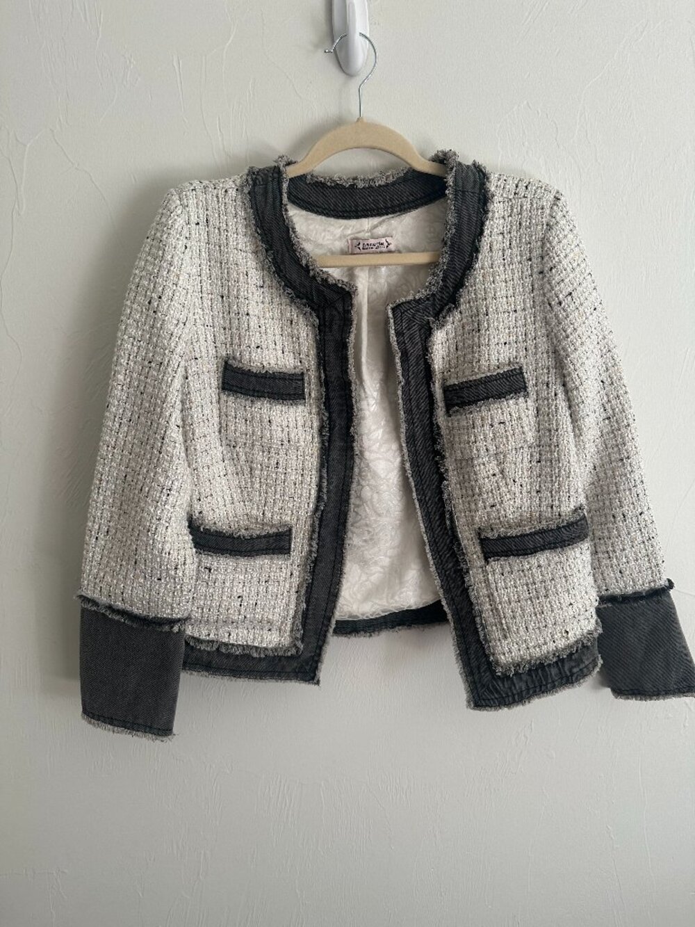 Nanette Nanette Lepore Tweed Denim Trim Fringed Blazer Jacket Size M White Grey